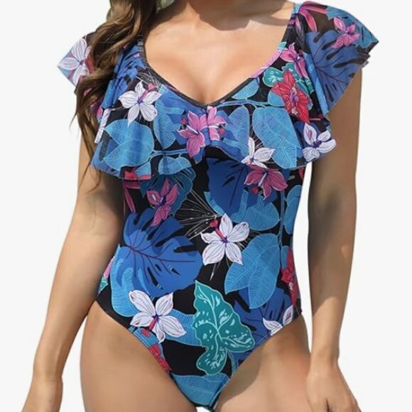 Women's Ruffle V Neck Flounce Sleeve Floral Tummy Control Swim Suit Size XL NWT - Picture 7 of 8